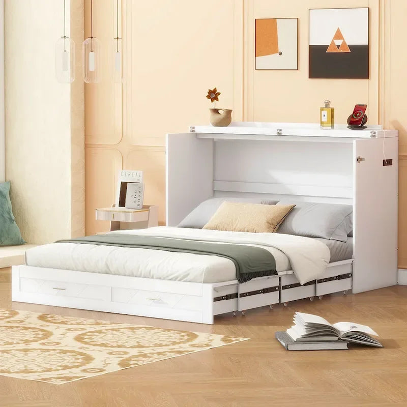 Lit mural escamotable moderne blanc, grand lit double, 1 personne, avec tiroir de rangement et ports USB