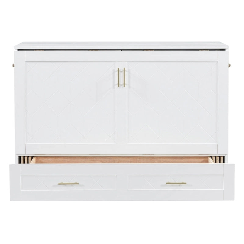 Lit mural escamotable moderne blanc, grand lit double, 1 personne, avec tiroir de rangement et ports USB