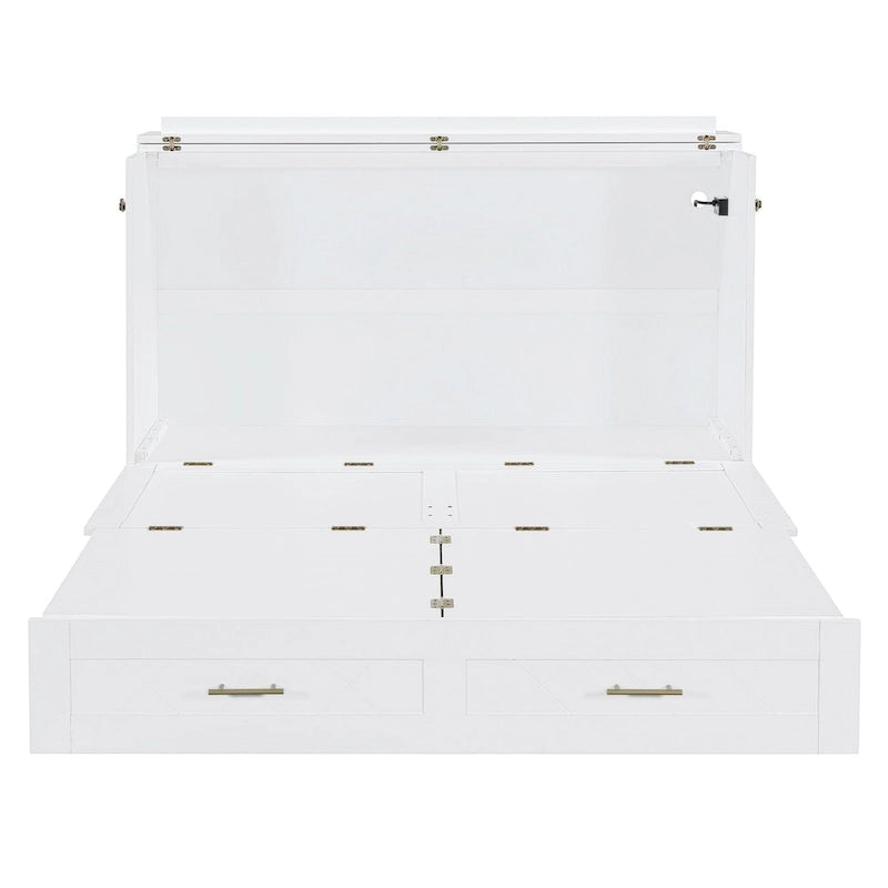 Lit mural escamotable moderne blanc, grand lit double, 1 personne, avec tiroir de rangement et ports USB