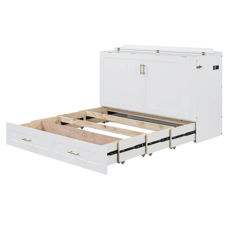 Lit mural escamotable moderne blanc, grand lit double, 1 personne, avec tiroir de rangement et ports USB