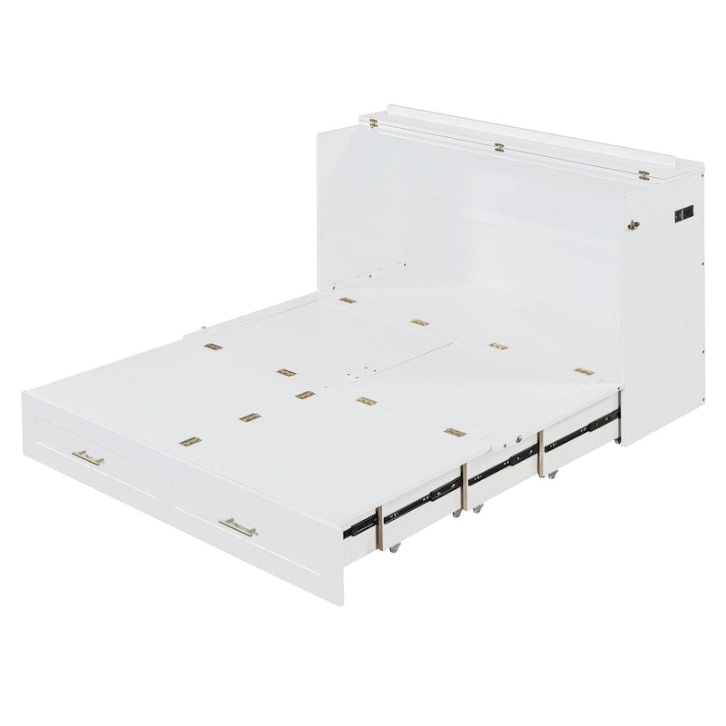 Lit mural escamotable moderne blanc, grand lit double, 1 personne, avec tiroir de rangement et ports USB
