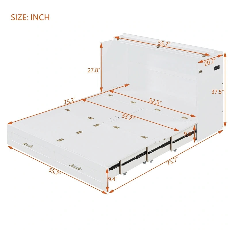 Lit mural escamotable moderne blanc, grand lit double, 1 personne, avec tiroir de rangement et ports USB