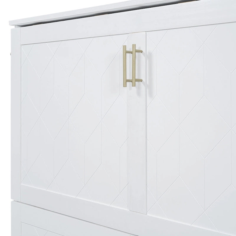 Lit mural escamotable moderne blanc, grand lit double, 1 personne, avec tiroir de rangement et ports USB