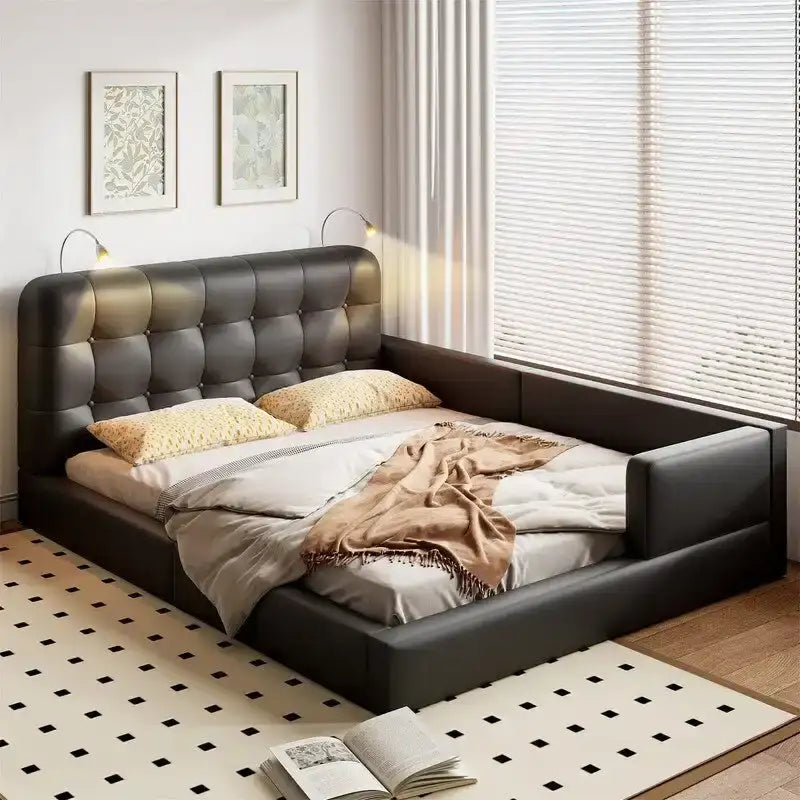 Blanc/Noir, capitonné, grand lit double – Lit plate-forme en cuir PU avec liseuses, pour 2 personnes