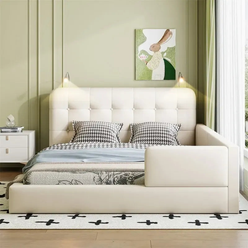 Blanc/Noir, capitonné, grand lit double – Lit plate-forme en cuir PU avec liseuses, pour 2 personnes