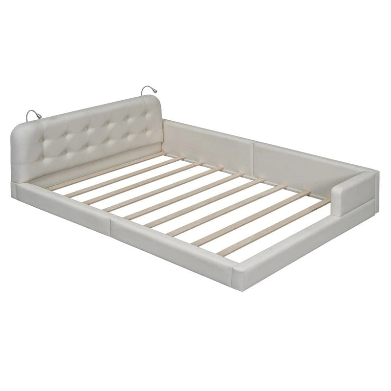 Blanc/Noir, capitonné, grand lit double – Lit plate-forme en cuir PU avec liseuses, pour 2 personnes
