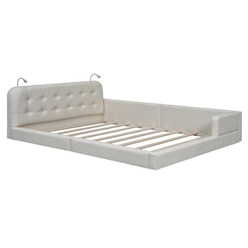 Blanc/Noir, capitonné, grand lit double – Lit plate-forme en cuir PU avec liseuses, pour 2 personnes