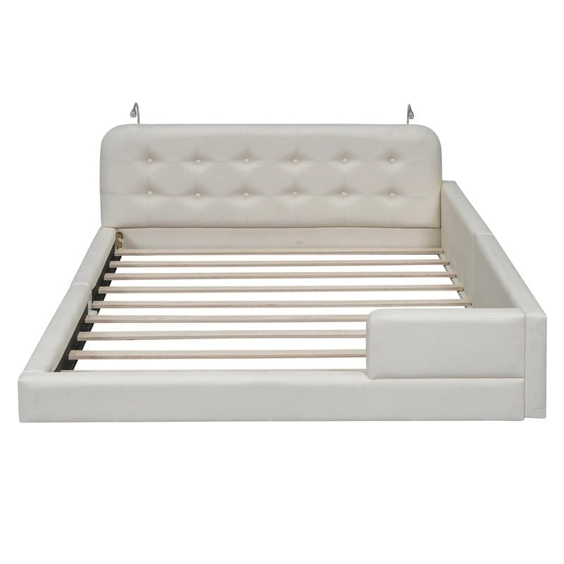 Blanc/Noir, capitonné, grand lit double – Lit plate-forme en cuir PU avec liseuses, pour 2 personnes