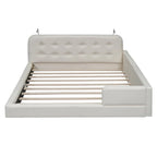 Blanc/Noir, capitonné, grand lit double – Lit plate-forme en cuir PU avec liseuses, pour 2 personnes