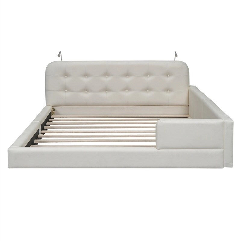 Blanc/Noir, capitonné, grand lit double – Lit plate-forme en cuir PU avec liseuses, pour 2 personnes