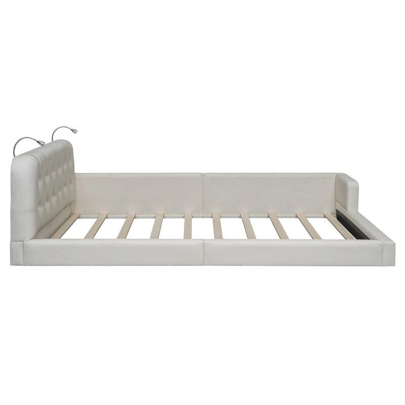 Blanc/Noir, capitonné, grand lit double – Lit plate-forme en cuir PU avec liseuses, pour 2 personnes