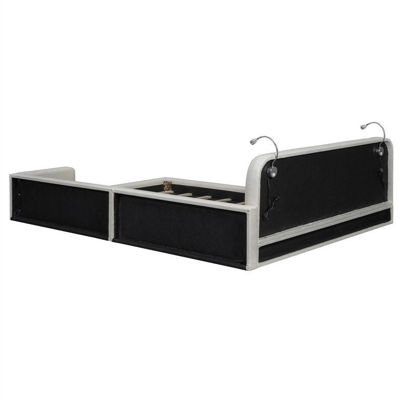 Blanc/Noir, capitonné, grand lit double – Lit plate-forme en cuir PU avec liseuses, pour 2 personnes