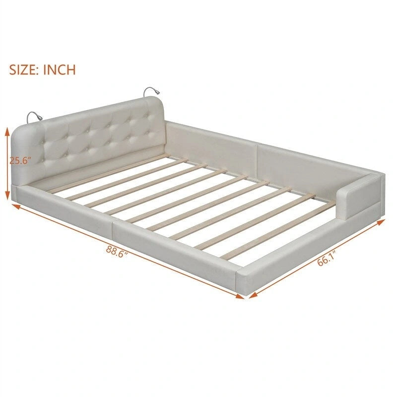 Blanc/Noir, capitonné, grand lit double – Lit plate-forme en cuir PU avec liseuses, pour 2 personnes