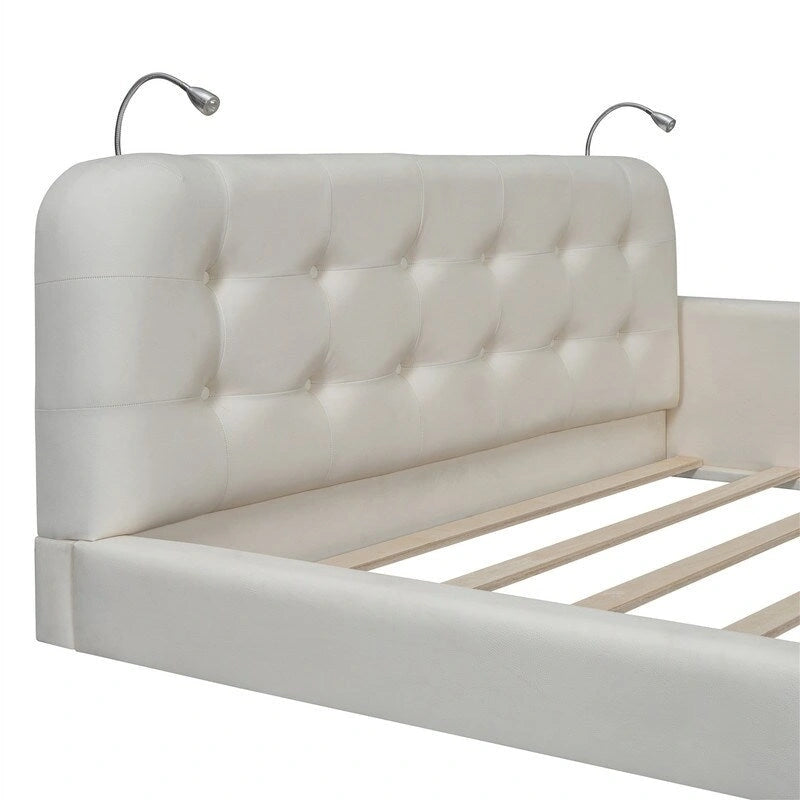 Blanc/Noir, capitonné, grand lit double – Lit plate-forme en cuir PU avec liseuses, pour 2 personnes