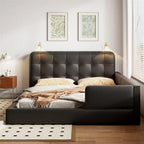 Blanc/Noir, capitonné, grand lit double – Lit plate-forme en cuir PU avec liseuses, pour 2 personnes