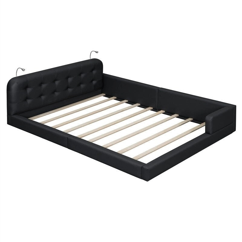 Blanc/Noir, capitonné, grand lit double – Lit plate-forme en cuir PU avec liseuses, pour 2 personnes