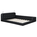 Blanc/Noir, capitonné, grand lit double – Lit plate-forme en cuir PU avec liseuses, pour 2 personnes