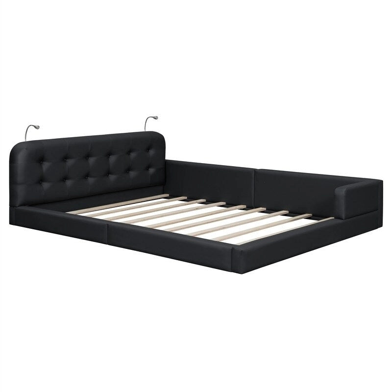 Blanc/Noir, capitonné, grand lit double – Lit plate-forme en cuir PU avec liseuses, pour 2 personnes