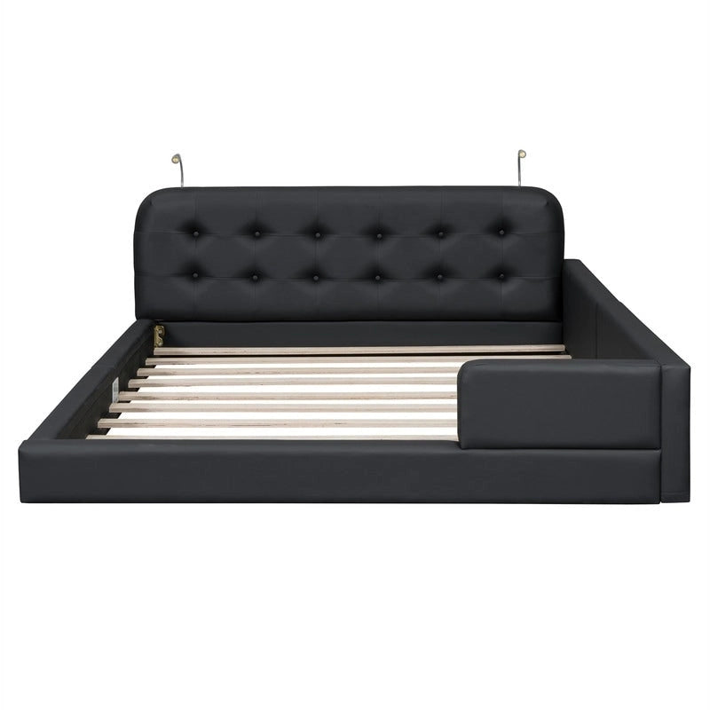 Blanc/Noir, capitonné, grand lit double – Lit plate-forme en cuir PU avec liseuses, pour 2 personnes
