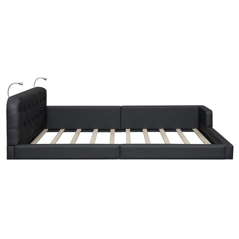 Blanc/Noir, capitonné, grand lit double – Lit plate-forme en cuir PU avec liseuses, pour 2 personnes