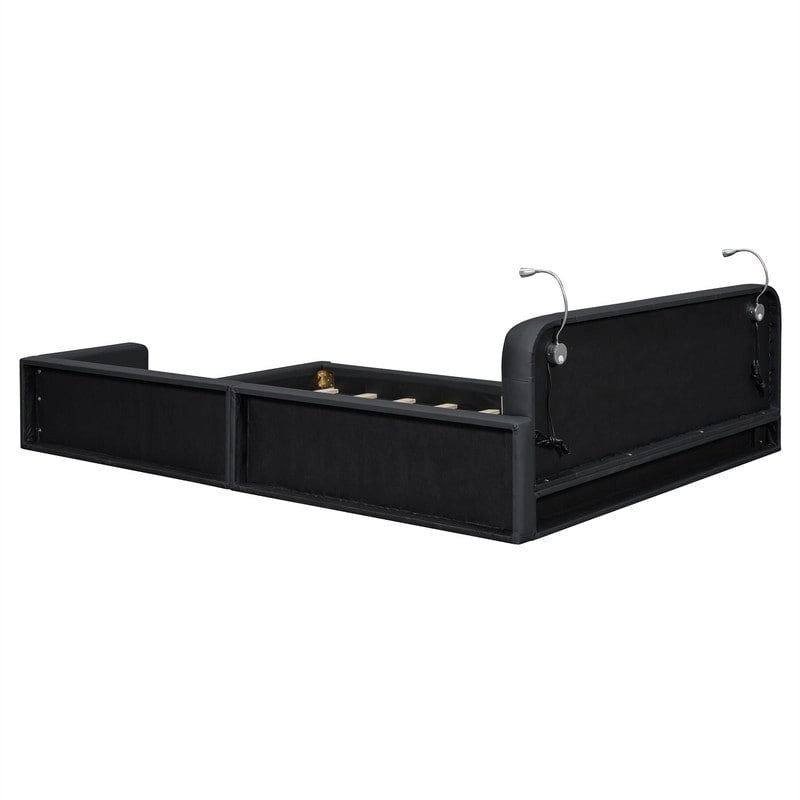 Blanc/Noir, capitonné, grand lit double – Lit plate-forme en cuir PU avec liseuses, pour 2 personnes