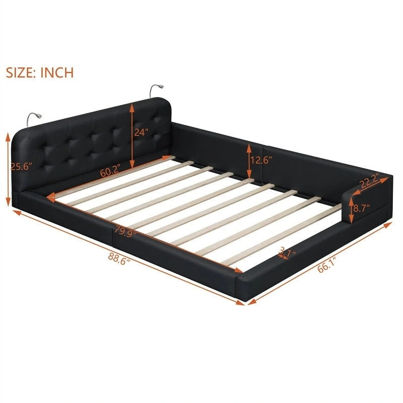 Blanc/Noir, capitonné, grand lit double – Lit plate-forme en cuir PU avec liseuses, pour 2 personnes