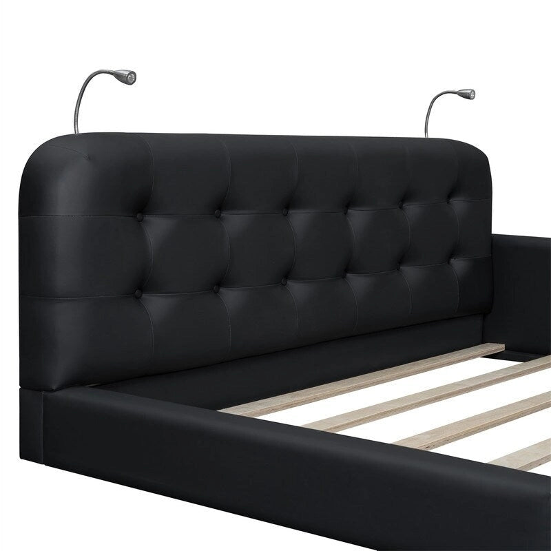 Blanc/Noir, capitonné, grand lit double – Lit plate-forme en cuir PU avec liseuses, pour 2 personnes