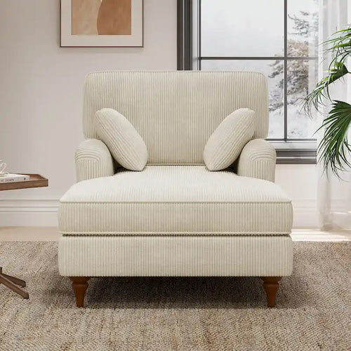 Chaise longue en velours côtelé beige pour 2 personnes, avec 2 oreillers et accoudoirs roulés