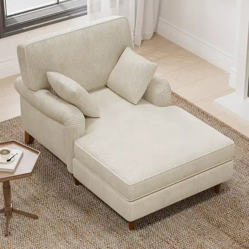 Chaise longue en velours côtelé beige pour 2 personnes, avec 2 oreillers et accoudoirs roulés