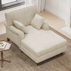 Chaise longue en velours côtelé beige pour 2 personnes, avec 2 oreillers et accoudoirs roulés