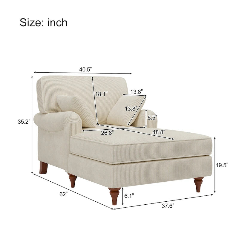 Chaise longue en velours côtelé beige pour 2 personnes, avec 2 oreillers et accoudoirs roulés