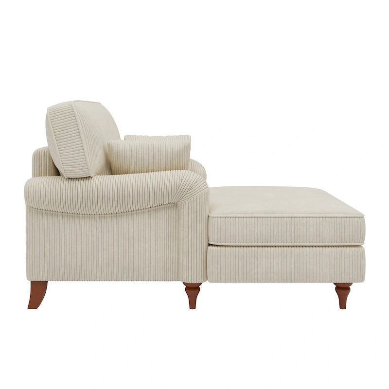 Chaise longue en velours côtelé beige pour 2 personnes, avec 2 oreillers et accoudoirs roulés