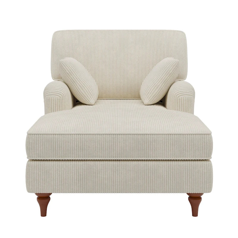 Chaise longue en velours côtelé beige pour 2 personnes, avec 2 oreillers et accoudoirs roulés