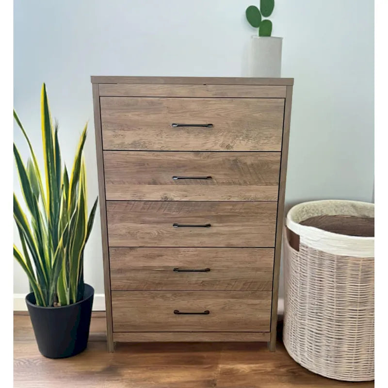 Commode verticale à 5 tiroirs, Chêne noueux / Blanc / Noir, Montage sans outils, Installation par 1 personne