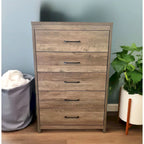 Commode verticale à 5 tiroirs, Chêne noueux / Blanc / Noir, Montage sans outils, Installation par 1 personne