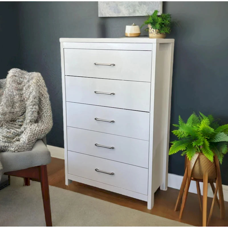 Commode verticale à 5 tiroirs, Chêne noueux / Blanc / Noir, Montage sans outils, Installation par 1 personne
