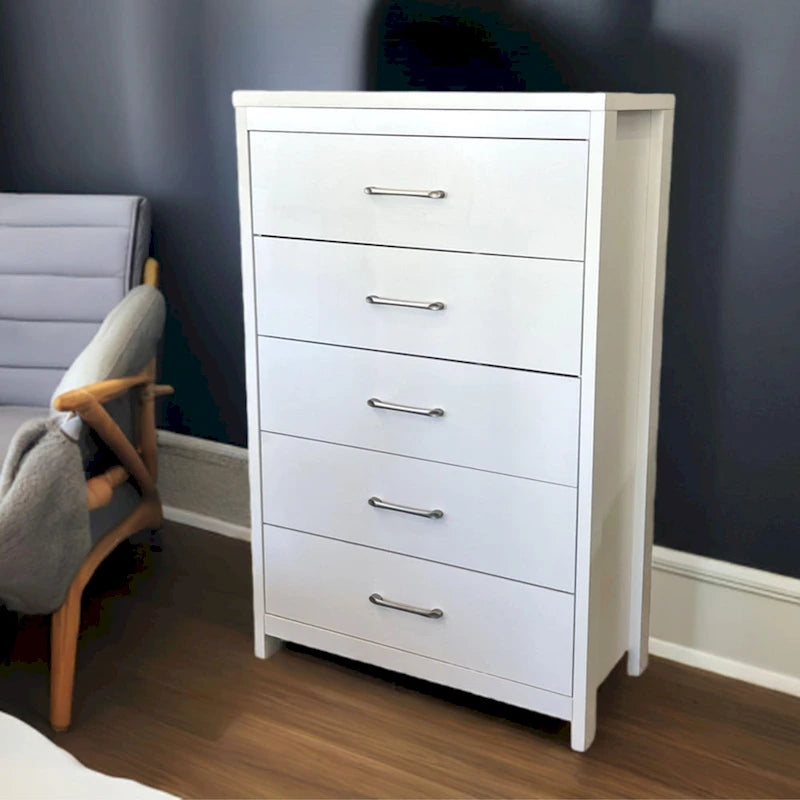 Commode verticale à 5 tiroirs, Chêne noueux / Blanc / Noir, Montage sans outils, Installation par 1 personne