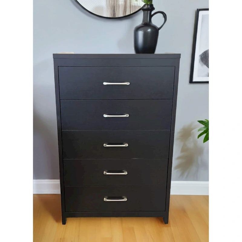 Commode verticale à 5 tiroirs, Chêne noueux / Blanc / Noir, Montage sans outils, Installation par 1 personne