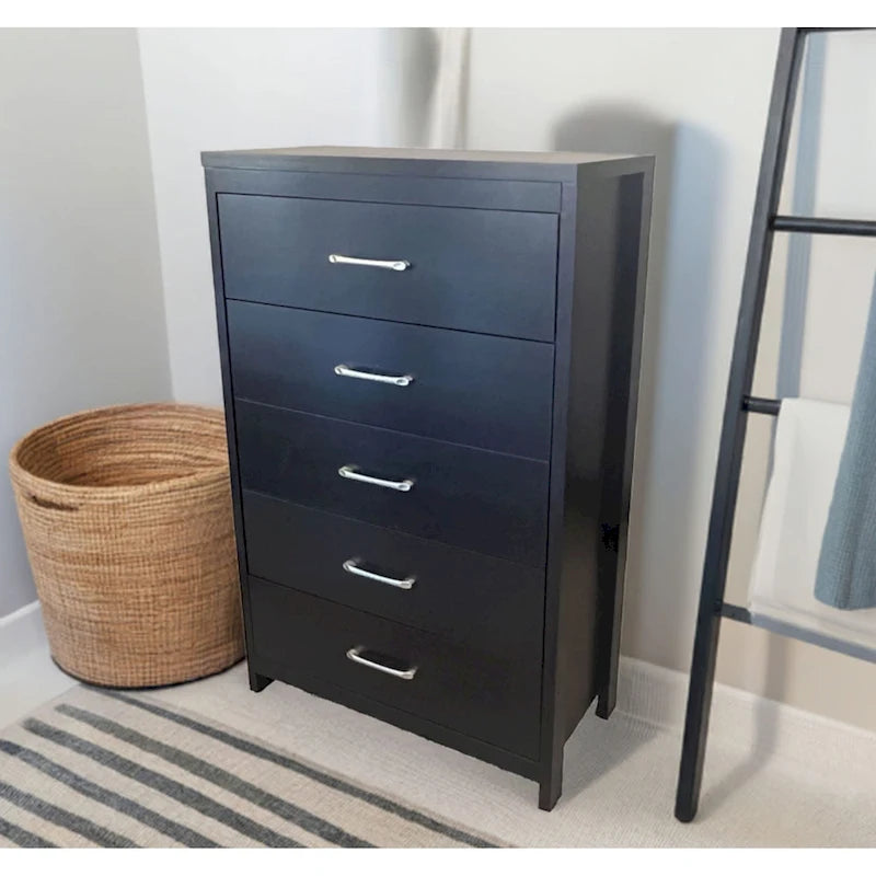 Commode verticale à 5 tiroirs, Chêne noueux / Blanc / Noir, Montage sans outils, Installation par 1 personne