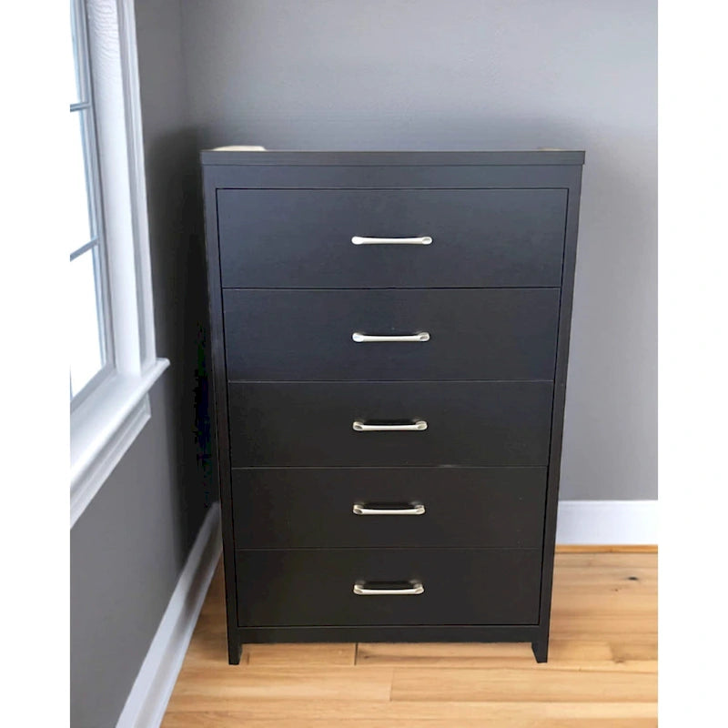 Commode verticale à 5 tiroirs, Chêne noueux / Blanc / Noir, Montage sans outils, Installation par 1 personne