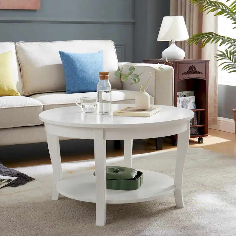 Table basse ronde beige/blanche avec étagère de rangement ouverte, 76x76x46 cm