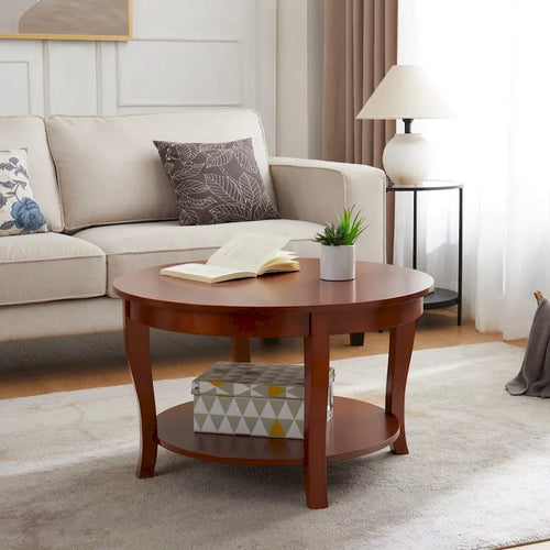 Traditional Round Coffee Table Wooden Centerpiece Table with Open Storage Shelves, for Living Room Bedroom Apartment Studio