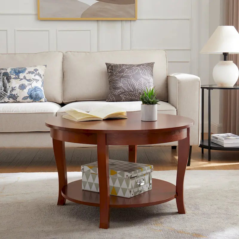 Table basse ronde beige/blanche avec étagère de rangement ouverte, 76x76x46 cm