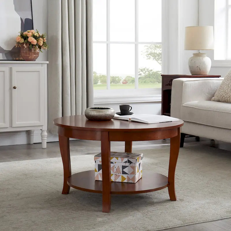Table basse ronde beige/blanche avec étagère de rangement ouverte, 76x76x46 cm