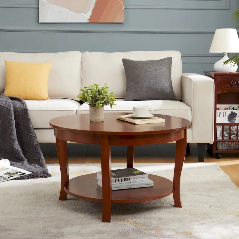 Table basse ronde beige/blanche avec étagère de rangement ouverte, 76x76x46 cm