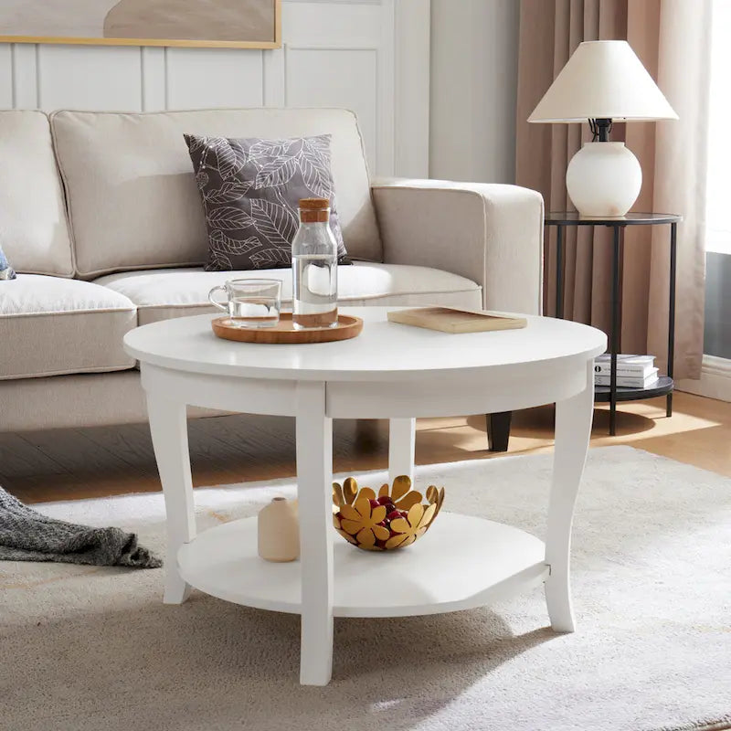 Table basse ronde beige/blanche avec étagère de rangement ouverte, 76x76x46 cm