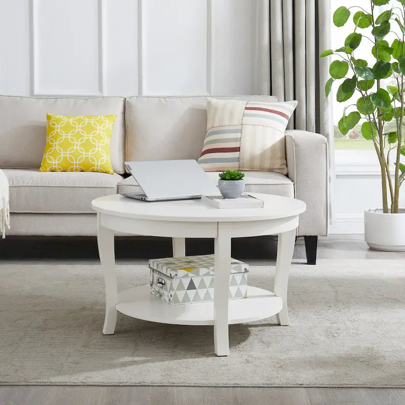 Table basse ronde beige/blanche avec étagère de rangement ouverte, 76x76x46 cm