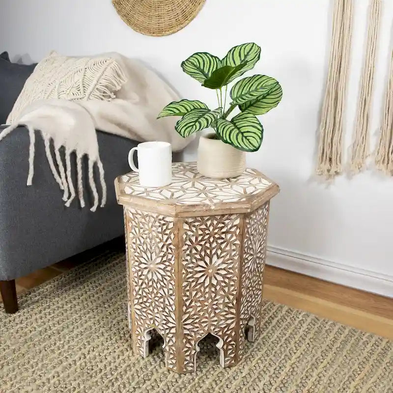 Table d'appoint octogonale, marron et blanc brossé, simple