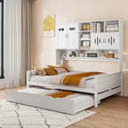 Lit de repos blanc pleine grandeur avec lit gigogne double, étagères de rangement et armoire, pour 2 personnes