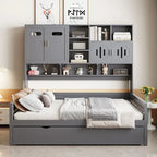 Lit de repos blanc pleine grandeur avec lit gigogne double, étagères de rangement et armoire, pour 2 personnes